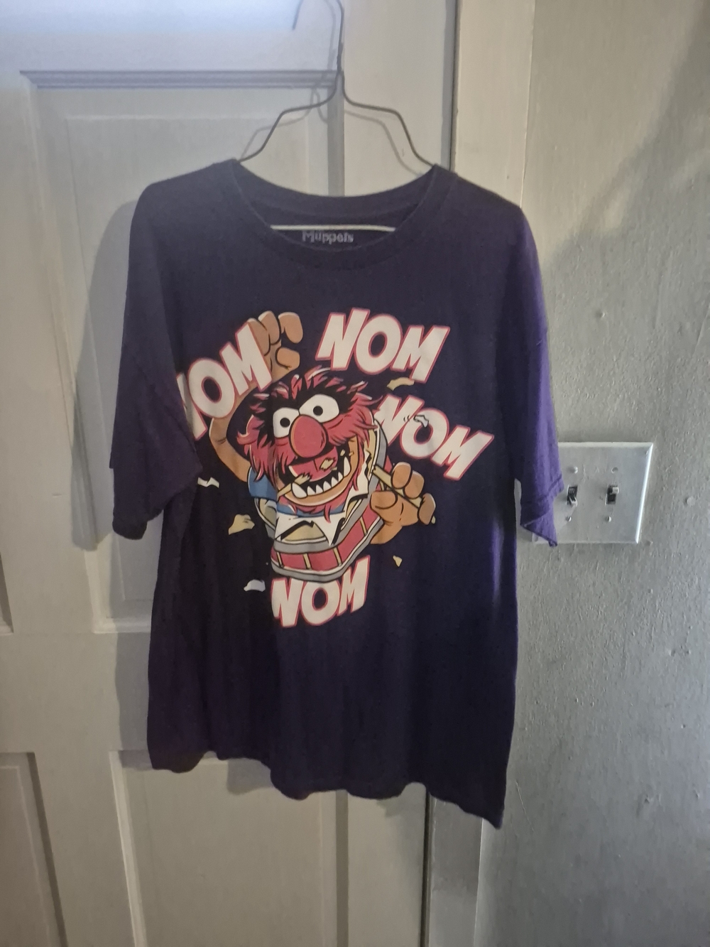 Purple Mens Graphic Tee with 'Nom Nom' Character